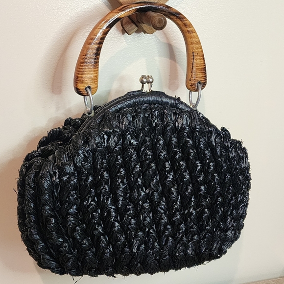 Vintage Wood Handle Purse Made in Japan Black Woven Acrylic Bowling Bag Shape - Picture 3 of 10